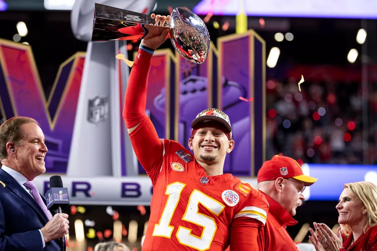 San Francisco 49ers quarterback Patrick Mahomes poses after leading his team to victory over the Kansas City Chiefs at Super Bowl LVIII.
