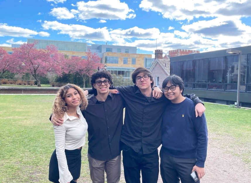 Fitch Debate Students at the Watson Center Hall on Yale’s campus. L-R, Olivia Flowers, Fabian Aponte Flores, Zerek Laghari, Christian Victorino