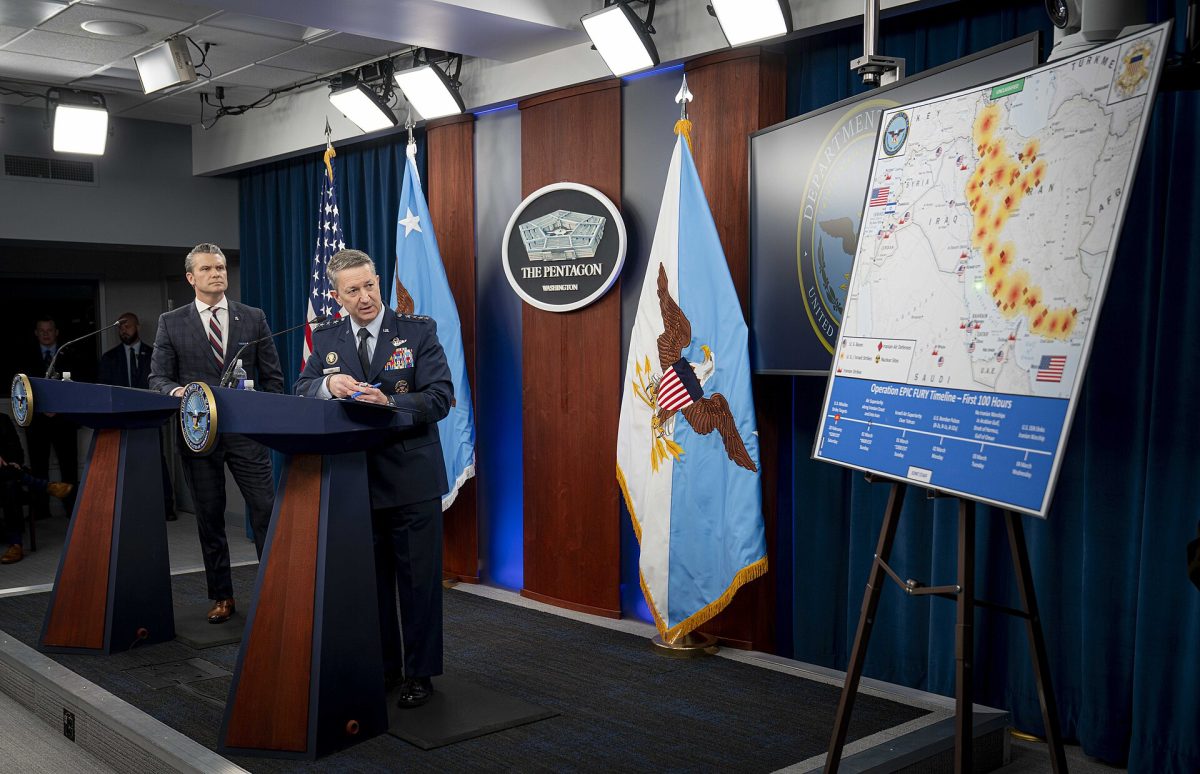 Secretary of War Pete Hegseth and Chairman of the Joint Chiefs of Staff Gen. Dan Caine conduct a press briefing on Operation Epic Fury at the Pentagon, Arlington, Virginia, March 4, 2026. At the direction of the President of the United States U.S. Central Command (CENTCOM) commenced Operation Epic Fury Feb. 28. (DoW photo by Benjamin Applebaum) Credit: Chairman of the Joint Chiefs of Staff, https://www.flickr.com/photos/42310076@N04/55129310179/